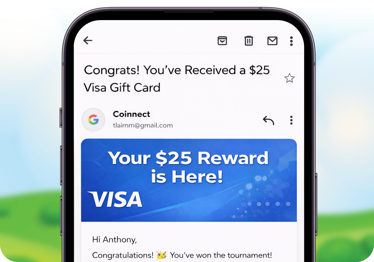 Coinnect rewards email screen showing a gift card delivered securely to a tournament winner