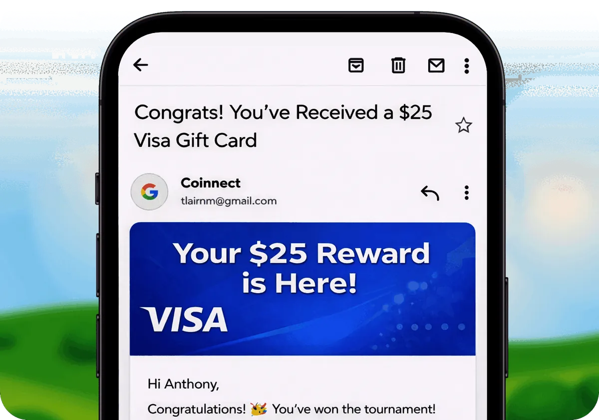 Coinnect rewards email screen showing a gift card delivered securely to a tournament winner